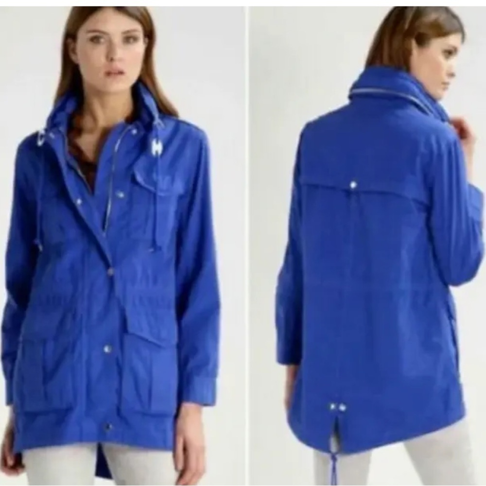 J Crew Sz M Hooded Fatigue Jacket Blue 100% Cotton Drawstring Waist Zipped